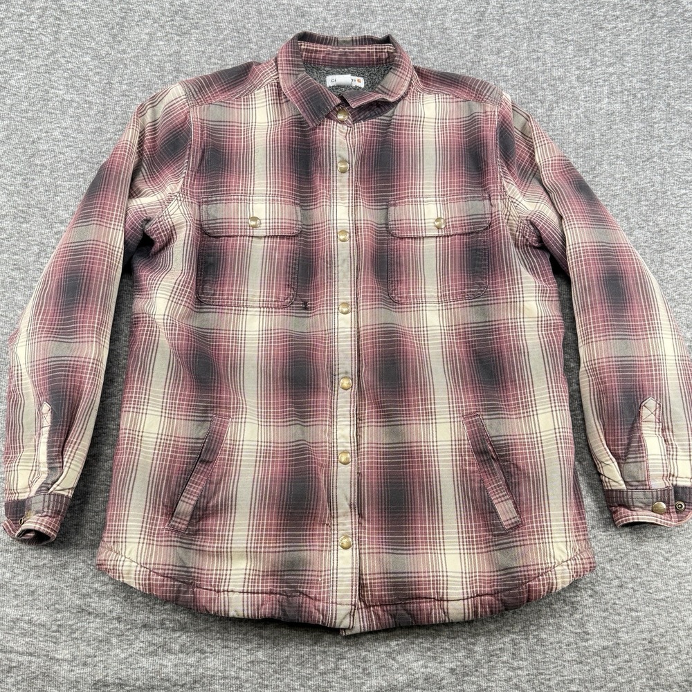 Carhartt Women's Sherpa Lined Flannel Shirt Jacket XL Plaid Burgundy Snap Front
